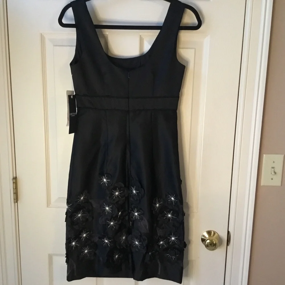 Chetta B NWT Black Satin Sleeveless Dress Floral Appliqués - 2